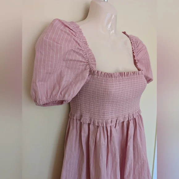 Aritzia Sunday Best Mini Smocked Babydoll Dress Small Pink & White Strip… - Picture 3 of 12